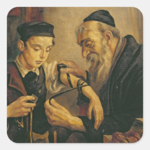 Sticker Carré Un rabbin attache les Phylacteries au bras d'un ga