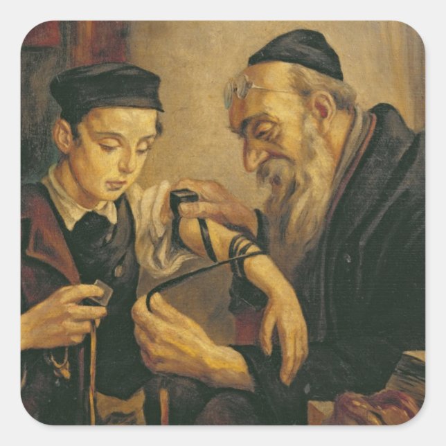 Sticker Carré Un rabbin attache les Phylacteries au bras d'un ga (Devant)