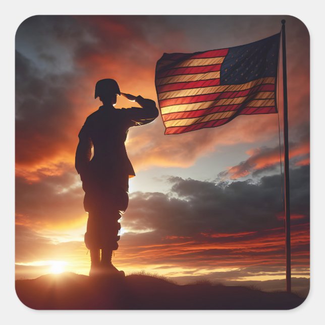 Sticker Carré Un Soldat Américain Salue Le Drapeau (Devant)