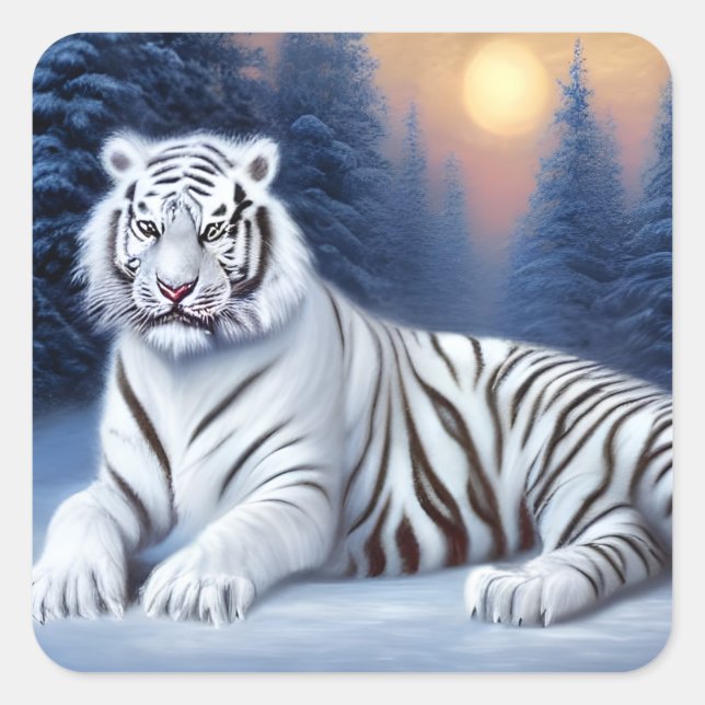 Sticker Carré Un tigre blanc assis dans la neige (Devant)