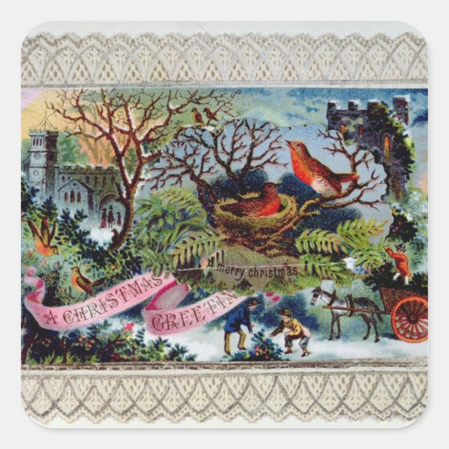 Sticker Carré Un voeux de Noël, carte postale victorienne (Devant)