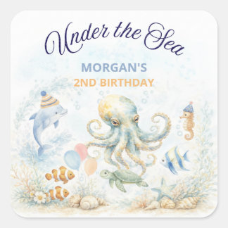Sticker Carré Under the Sea Ocean Animals Octopus Birthday