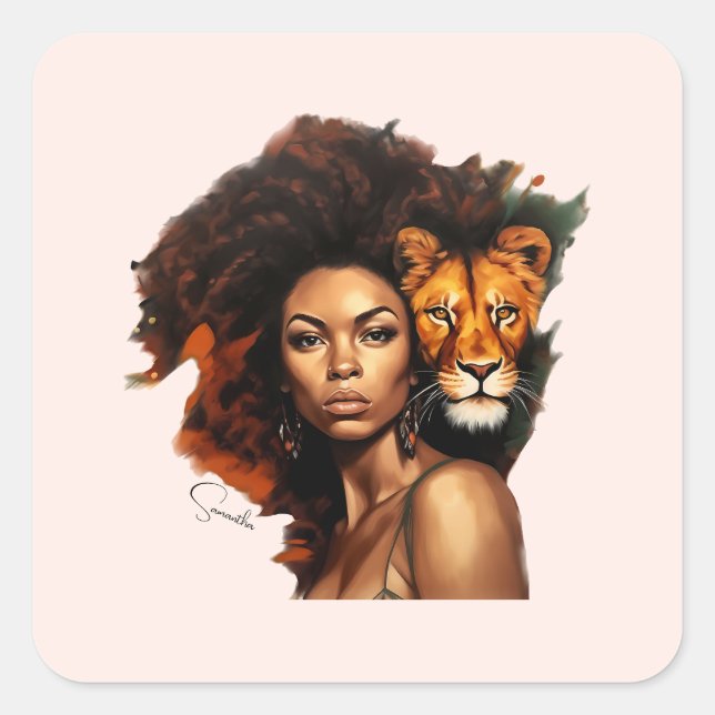 Sticker Carré Une femme afro-américaine avec un lion majestueux (Devant)