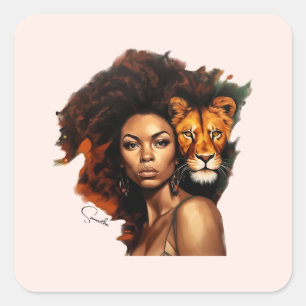 Sticker Carré Une femme afro-américaine avec un lion majestueux