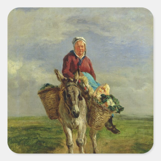 Sticker Carré Une femme du pays à cheval sur un âne (Devant)