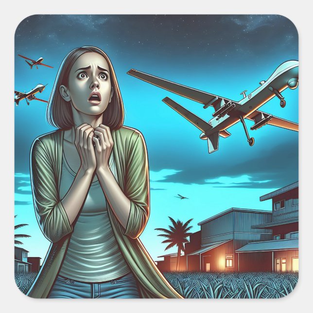 Sticker Carré Une femme fuyant des drones | Humour des événement (Devant)