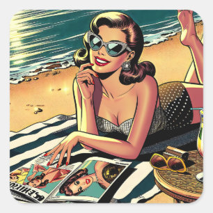 Sticker Carré Une femme rétro à la plage lit un magazine de mode