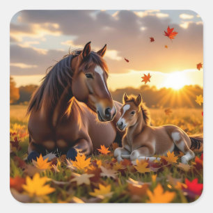 Sticker Carré Une jument et son poulain en automne