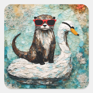Sticker Carré Une loutre en vacances sur un cygne flottant