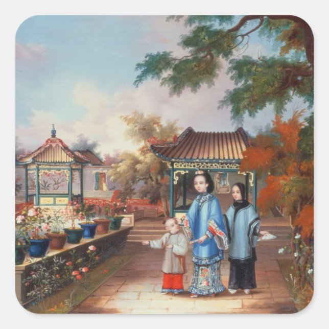 Sticker Carré Une mère avec ses enfants dans un jardin chinois,  (Devant)