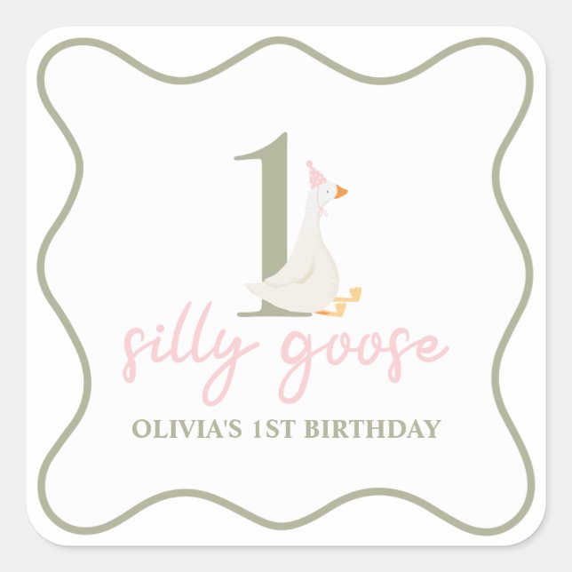 Sticker Carré Une oie sotte rose et vert (Devant)