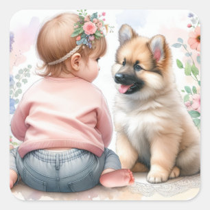 Sticker Carré Une petite fille et son Baby shower rose chiot