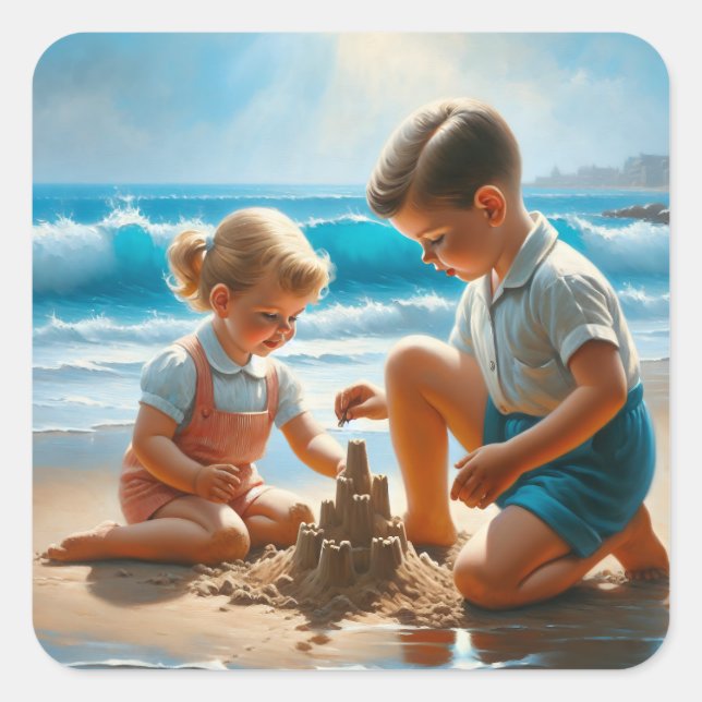 Sticker Carré Une petite fille et un garçon Bâtir un château de  (Devant)