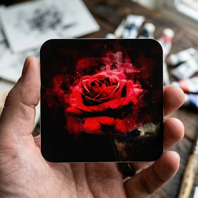 Sticker Carré Une rose rouge aquarelle sur fond noir (One Red Rose Watercolor on Black Background. Square Sticker)