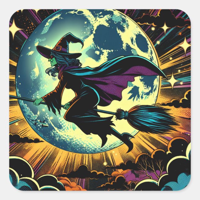 Sticker Carré Une sorcière et une fête d'Halloween Pleine lune (Devant)