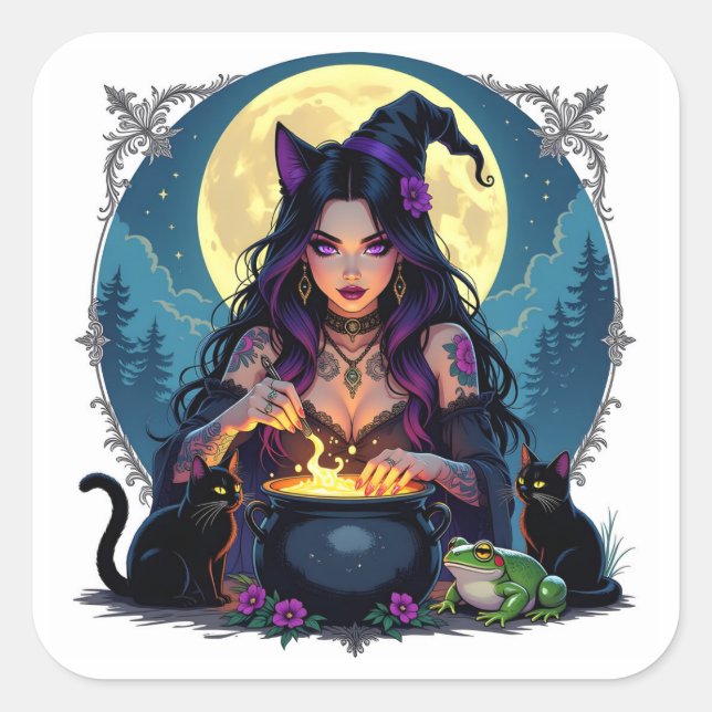 Sticker Carré Une sorcière, un chat noir et une Halloween de gre (Devant)