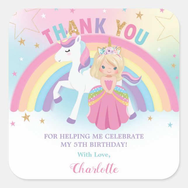 Sticker Carré Unicorn Blonde Princesse Anniversaire Merci Favori (Devant)