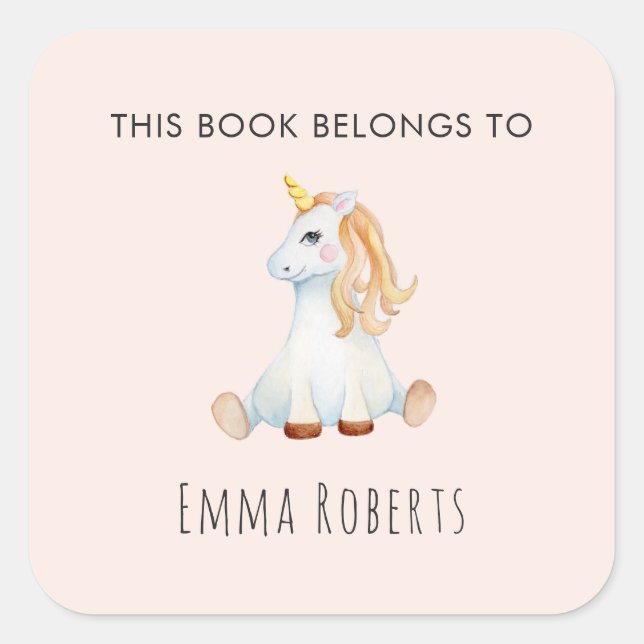 Sticker Carré Unicorn Girls 'Ce Livre Appartient' Plaque Enfants (Devant)