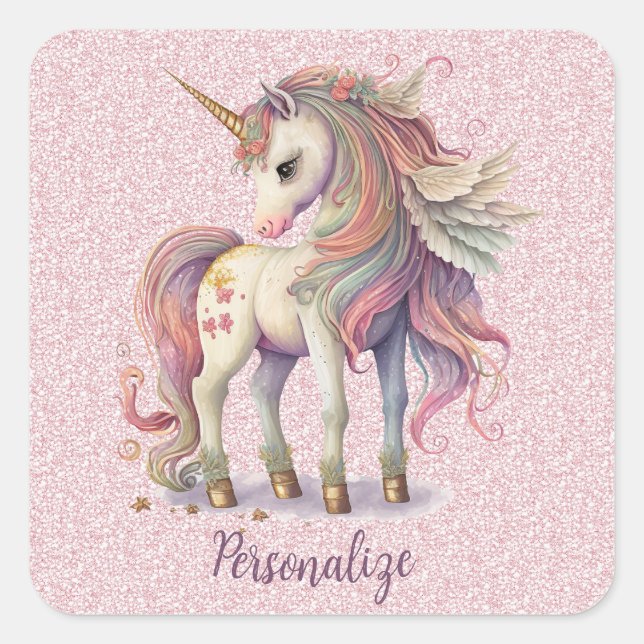 Sticker Carré Unicorn Magique Arc-en-ciel couleurs Parties scint (Devant)