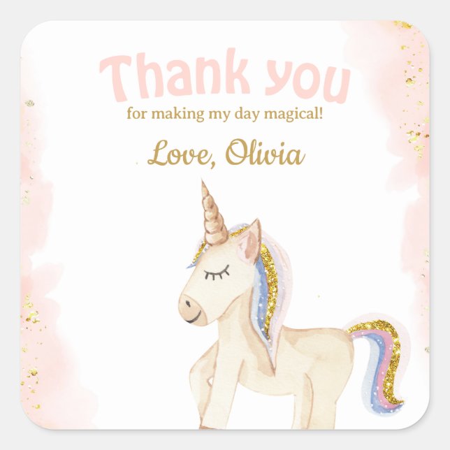 Sticker Carré Unicorn pastel or parties scintillant Anniversaire (Devant)