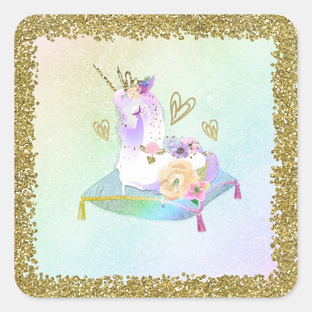 Sticker Carré Unicorn Princesse Iridescente Rainbow Pastel Party (Devant)
