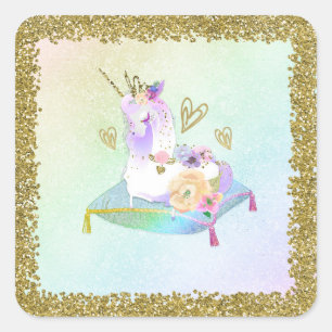 Sticker Carré Unicorn Princesse Iridescente Rainbow Pastel Party