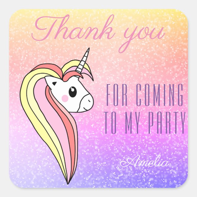 Sticker Carré Unicorn Rainbow Enfants Merci fête d'anniversaire (Devant)