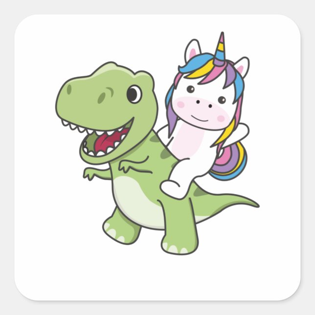 Sticker Carré Unicorn Rides On Trex Cute Dinosaur With Unicorns (Devant)