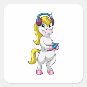 Sticker Carré Unicorne à l'écoute de musique avec casque