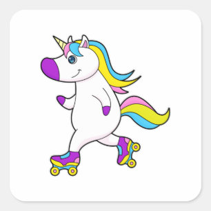 Sticker Carré Unicorne au patinage en ligne avec patins à roulea