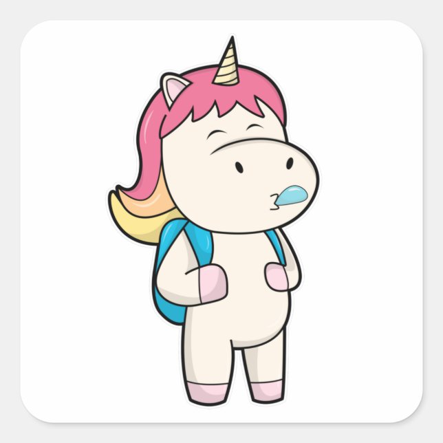 Sticker Carré Unicorne avec gomme à mâcher et rétrospective (Devant)