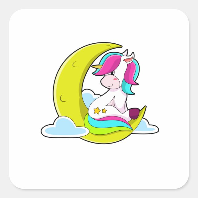 Sticker Carré Unicorne avec nuages et lune (Devant)