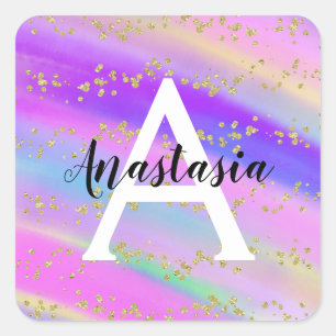 Sticker Carré Unicorne colorée Rainbow Gold Parties scintillant 