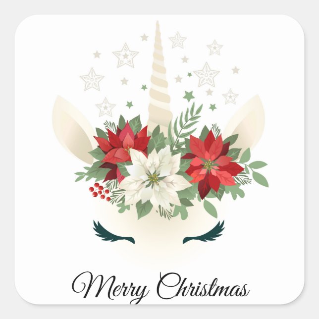 Sticker Carré Unicorne de Noël floral | Joyeux Noël (Devant)