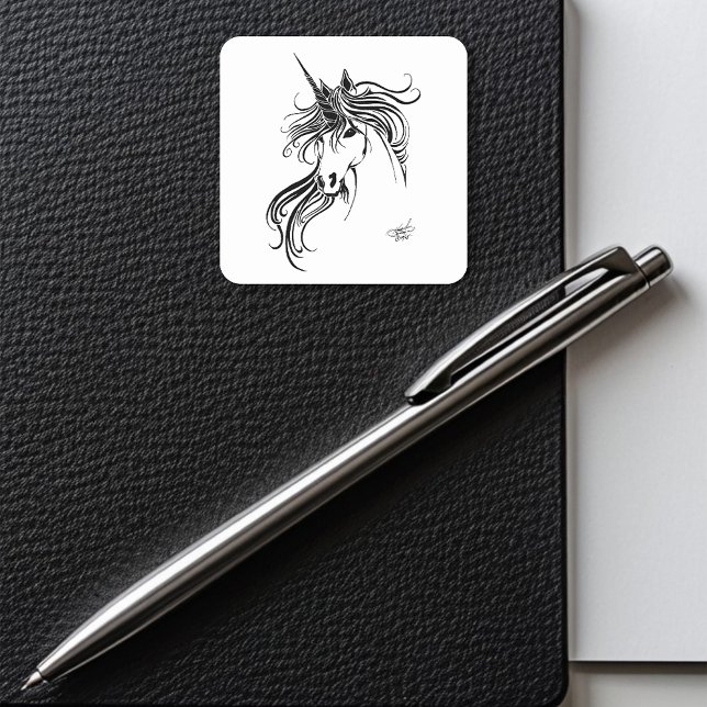 Sticker Carré Unicorne d'encre noire tribale (Créateur téléchargé)
