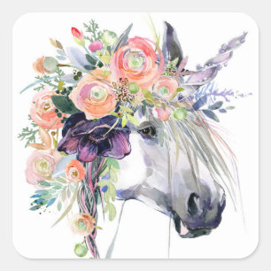 Sticker Carré Unicorne en fleurs