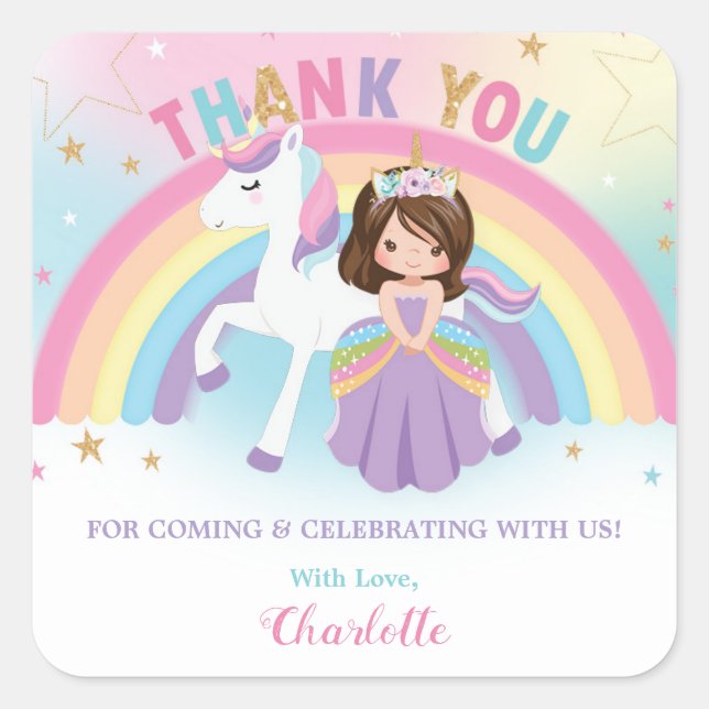 Sticker Carré Unicorne et princesse Anniversaire Merci Favoriser (Devant)