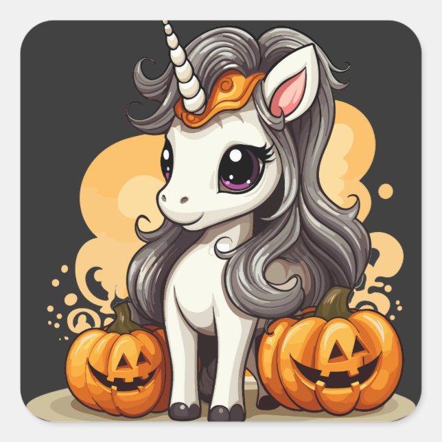 Sticker Carré Unicorne magique : Halloween Citrouille Adventure (Devant)