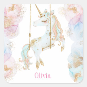Sticker Carré Unicorne magique Pink & Gold Girls Nom