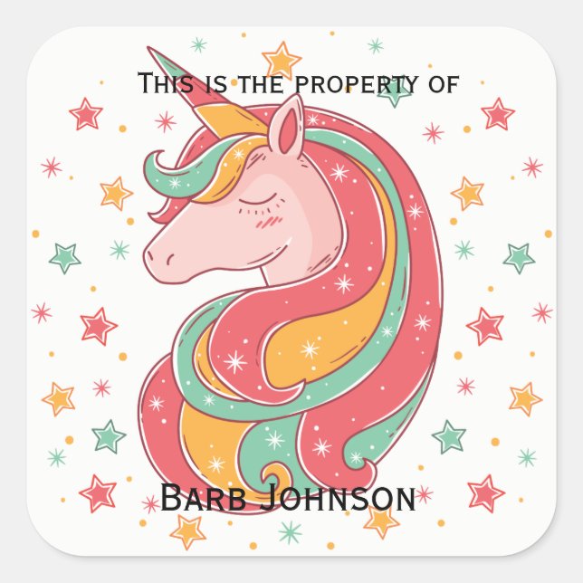 Sticker Carré Unicorne magique rose or et verte (Devant)