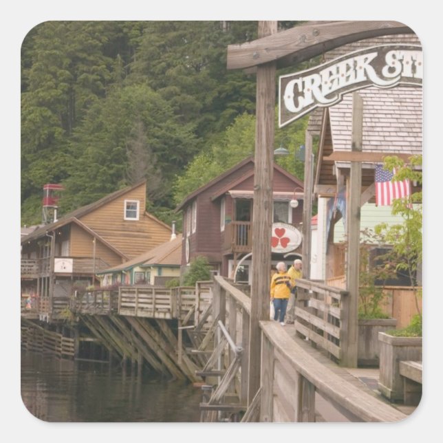 Sticker Carré USA, Alaska, Ketchikan, Creek Street, centre-ville (Devant)