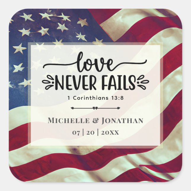 Sticker Carré USA Flag Love n'échoue jamais Mariage Bible Verse (Devant)