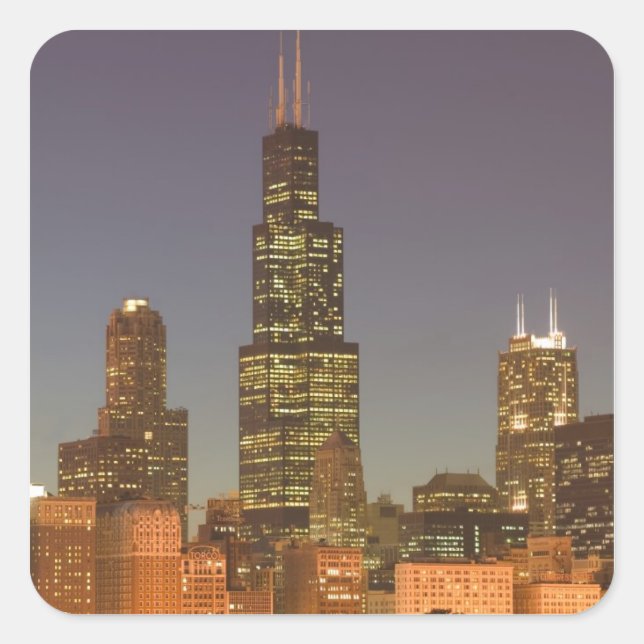 Sticker Carré USA, Illinois, Chicago : City Skyline / Soirée (Devant)