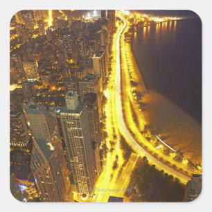 Sticker Carré USA, Illinois, vue aérienne de Chicago à la tombée