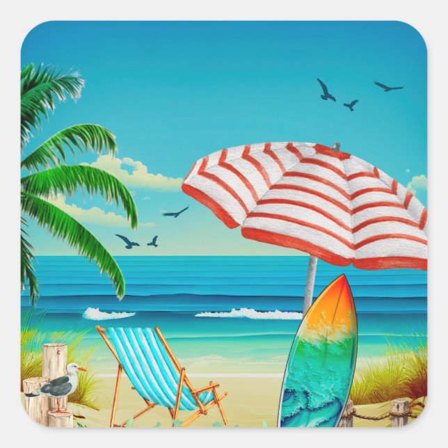 Sticker Carré Vacances d'été sur la plage, Détente (Devant)