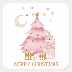 Sticker Carré Vacances d'hiver rose ours coton