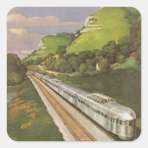 Sticker Carré Vacances en train vintage, Locomotive dans le pays