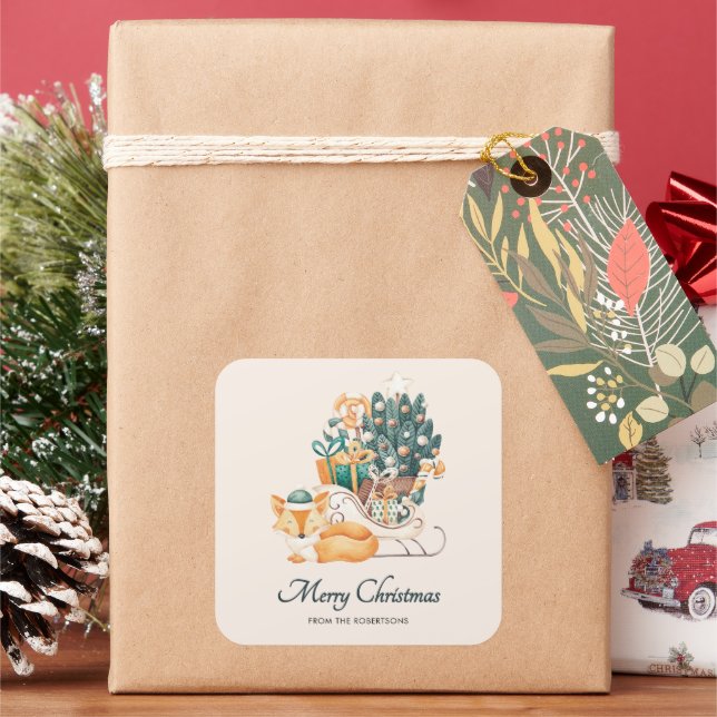 Sticker Carré Vacances Noël Renard Aquarelle (vacances)