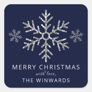 Sticker Carré Vacances Parties scintillant bleu et argent Flocon