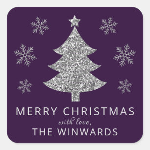 Sticker Carré Vacances Parties scintillant violet et argent Arbr